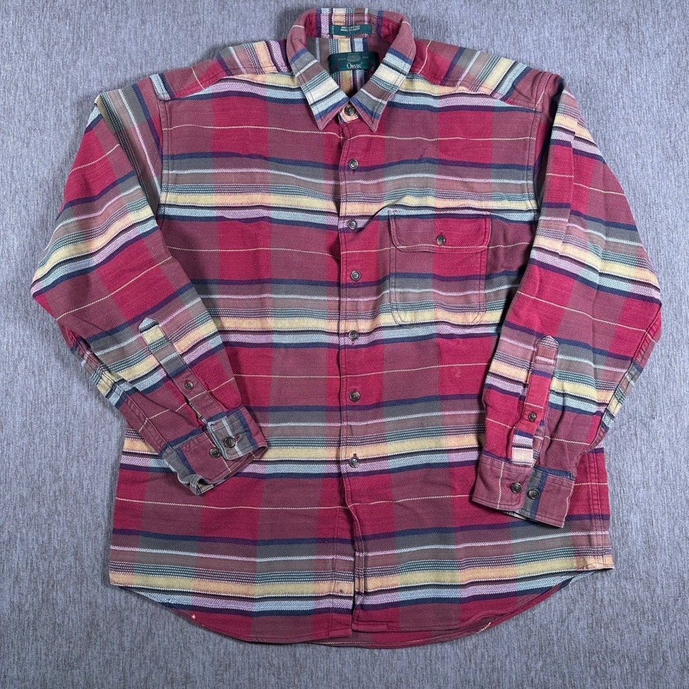 VTG Orvis Mens L Plaid Flannel Shirt Red Yellow Blue Long Sleeve Button Down